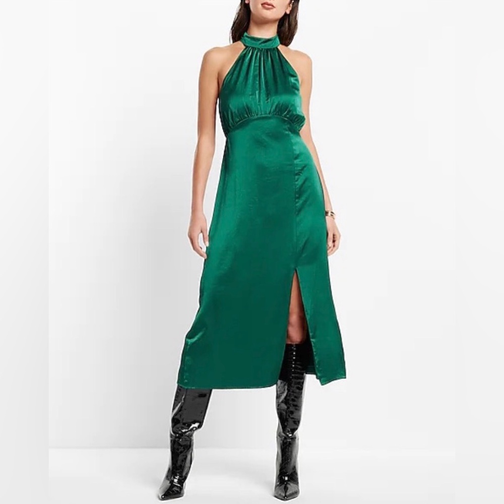 Express halter satin MIDI dress green forest Teal Blue green size M.